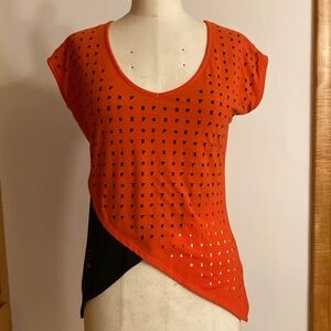 FOX HEAD Orange Overlay Black Asymmetrical FOX Cut-Outs Cap Shoulders Edgy Tunic